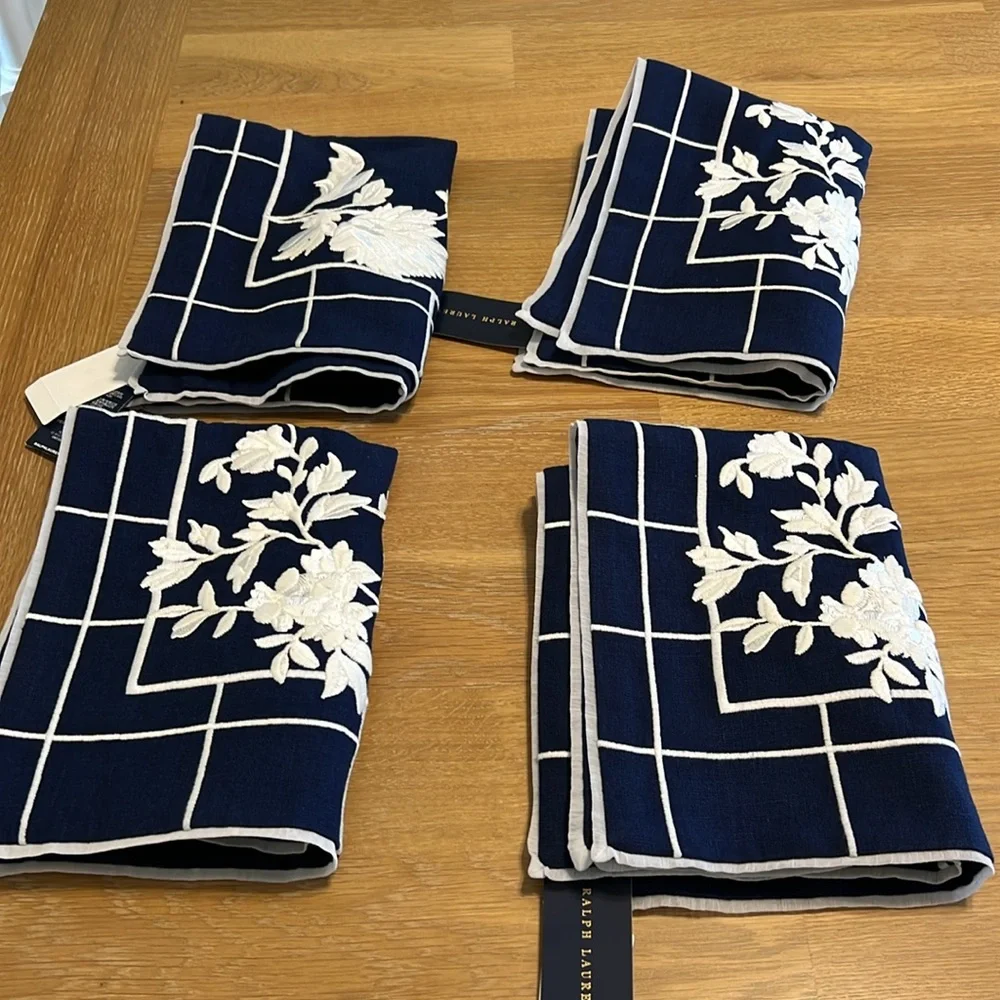 4 Pcs Ralph Lauren Navy and White Floral Embroidered Cushion Cover New